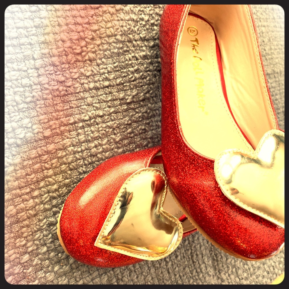 Doll Maker red sparkle ballet flat w/ gold heart!